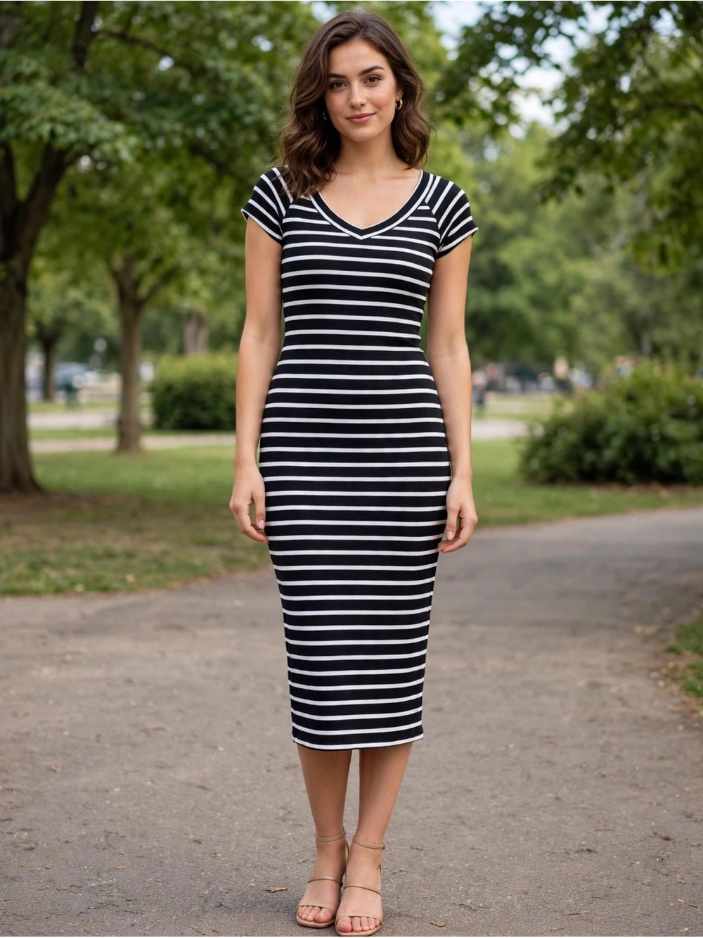 Derek Heart Black and White Striped V‑Neck Midi Dress